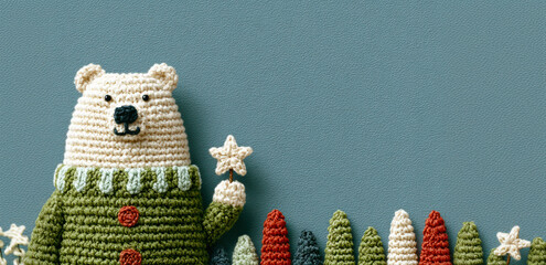 Adorable crochet bear in green sweater holding a star, surrounded by colorful yarn trees..Perfect for holiday cards, winter decor ads, or children's product promotions.