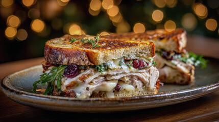 Gourmet Holiday Turkey and Cranberry Sandwich: Sourdough Bread with Melted Cheese, Sliced Turkey, Arugula, and Sweet Cranberry Relish on a Rustic Plate