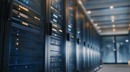 A data center with server racks that unlock via encrypted RFID tokens, ensuring only verified technicians can interact with sensitive hardware and cyber-secure environments. cinematic color
