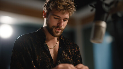 A nervous first-time comedian adjusting the mic stand with trembling hands, soft ambient lighting capturing both vulnerability and courage. cinematic color correction, natural uneven lighting yet