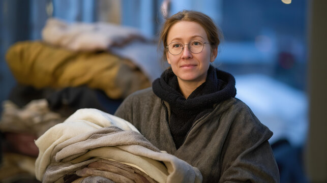 A volunteer standing outside a community shelter in the cold, collecting winter clothing and blankets from locals who arrive with arms full of generous donations. cinematic color correction,