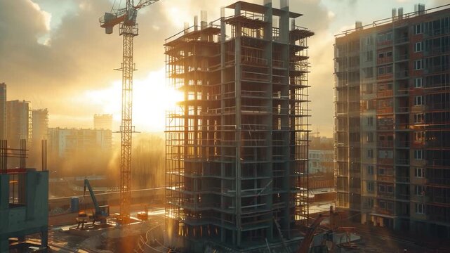 A busy construction site with numerous tall buildings under development, perfect for use in urban or commercial projects
