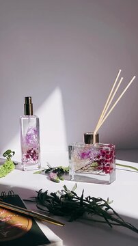 A serene tabletop arrangement featuring clear glass diffuser bottles filled with dried florals and greenery, styled with soft shadows and a calm, minimalist atmosphere.