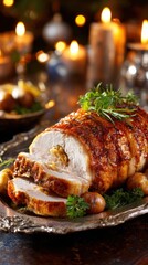 Festive Holiday Delight: Succulent Stuffed Roasted Turkey Roll with Rosemary, Chestnuts, and Golden Candles Perfect Christmas Dinner Centerpiece