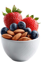 A Bowl of mixed nuts and berries, strawberries and blueberries, healthy snack Isolated On Transparent Background
