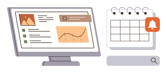 Computer screen with a data dashboard showing graphs and tasks, calendar with notification bell, and search bar. Ideal for productivity, planning, project management, goal tracking, analytics
