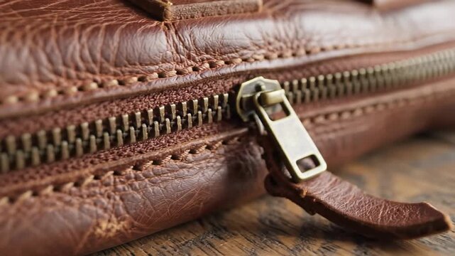 Brown leather wallet displayed on wooden surface highlighting zipper design and texture. Focus on quality and durability. Concept of fashion, accessories, leather goods
