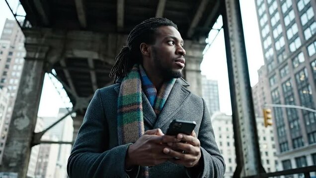 Young african man using smartphone on city street, male user of mobile phone. Portrait of black guy chatting in mobile app, scrolling news tape online, internet addicted people, entertainment in web
