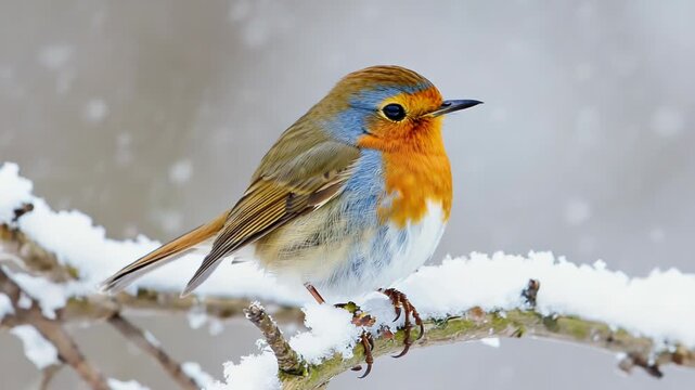 A plump european robin sits on a snow-covered branch in a serene winter landscape