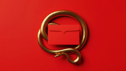 Golden snake zodiac figure coiled around a red envelope on a minimal red background, symbolizing Chinese New Year traditions, wealth, prosperity, and auspicious new beginnings