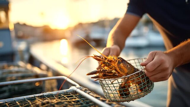 Faceless deck hand unloading fresh lobster from boat, shellfish handling at dock, commercial fishing harvest, hands working with crustaceans, defocused harbor, with copy space