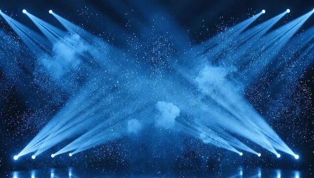 Blue spotlight loop live staging, illuminating Light bulbs for the stage. Light bulb background. Flashes, paparazzi. Stage with spot lighting, shining empty holiday show, award Ceremony advertising 