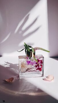 clear glass diffuser filled with dried flowers and botanical stems, placed on a white surface with gentle natural light and a soft moving hand shadow in the background.