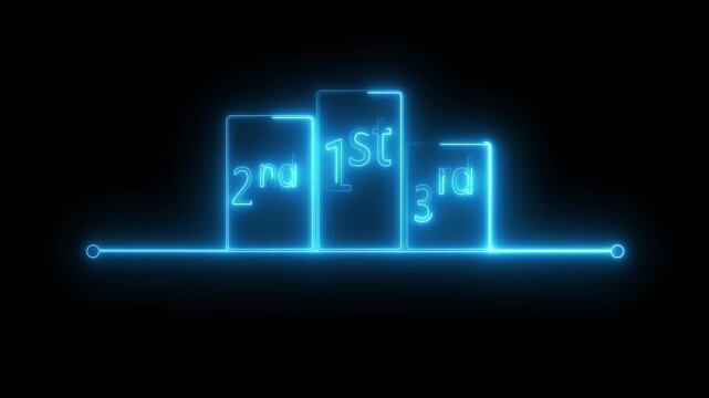 Neon winner podium with 1st, 2nd, and 3rd place icon animation. Glowing neon line winner podium with 1st, 2nd, and 3rd place icon animation  on a black background 4k .