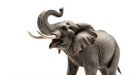 Obraz premium Detailed realistic elephant animal figurine with raised trunk isolated on white background