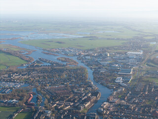 Aerial panoramic skyline of Sneek and Frisian lakes Netherlands
