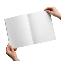 Hands holding an open blank magazine mockup against a black background