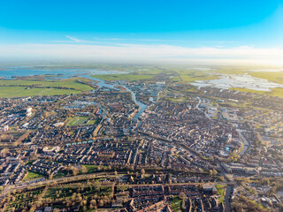 Aerial panoramic skyline of Sneek and Frisian lakes Netherlands
