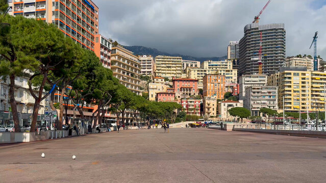 A view from a moving car of the streets of Monte Carlo, Principality of Monaco, Europe, February 26, 2025