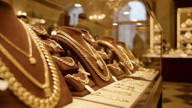 A close up view of an elegant gold jewelry collection in a luxury store display case