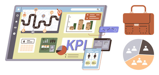 Digital dashboard showing KPI metrics, roadmap, charts, graphs, user profile stats, and analytics. Ideal for business strategy, goal tracking, performance analysis teamwork operations growth