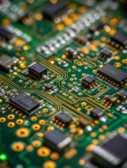 Fototapeta premium Detailed view of a green electronic printed circuit board featuring integrated chips and gold plated connectors with intricate pathways and components