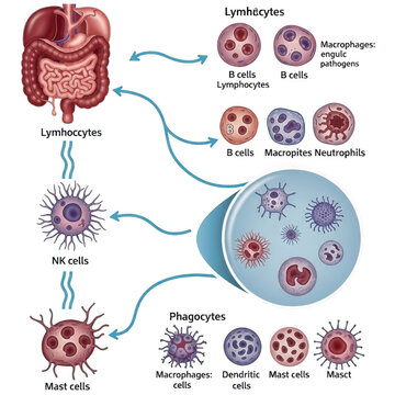 Diagram illustrating the different types of immune system cells, including lymphocytes and phagocytes