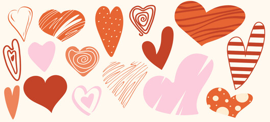 Collection of various hearts in doodle style in soft pink, red and orange tones. Has striped, swirly and textured styles. Design elements on the theme of Valentine's Day or romance