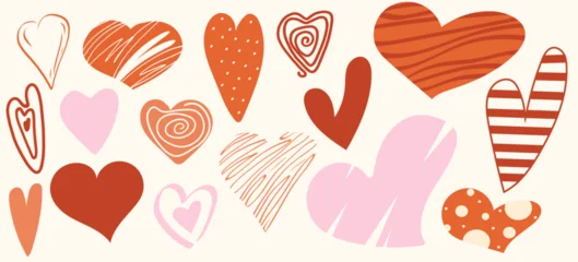 Gordijnen Naadloze herfst Collection of various hearts in doodle style in soft pink, red and orange tones. Has striped, swirly and textured styles. Design elements on the theme of Valentine's Day or romance  © Инна Музыка