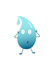 An illustration of a blue water drop character with wide eyes and hands near its head, expressing surprise or shock. Represents astonishment, unexpected events, or discovery concepts.