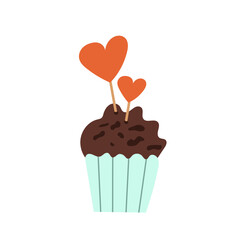 An illustration of a chocolate muffin with mint-colored liner and topped with two red heart-shaped decorations. Perfect for Valentine's Day, romance, and sweet treat concepts.