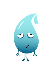 A cute blue water drop character with droopy, sad eyes and a downturned mouth. Represents the emotion of being tired, sad, or exhausted.