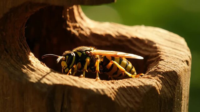 A close up macro shot of a yellowjacket wasp sitting at the entrance of a wooden nest on a sunny day