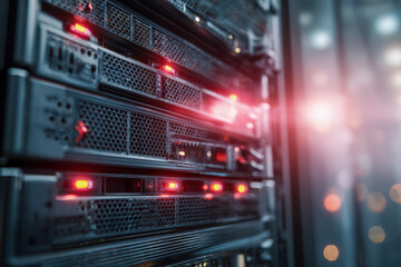 Modern data center rack with multiple servers featuring glowing red status lights and advanced cooling systems in a high-tech environment