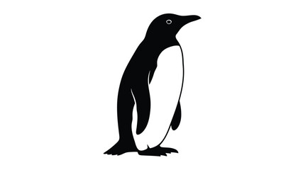 A simple black and white silhouette of a penguin standing in a profile view
