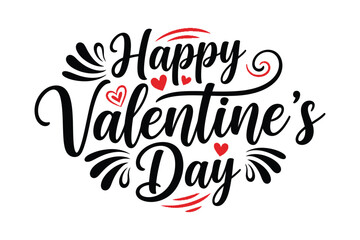 Happy valentine's day hand lettering design in black and red colors with heart elements