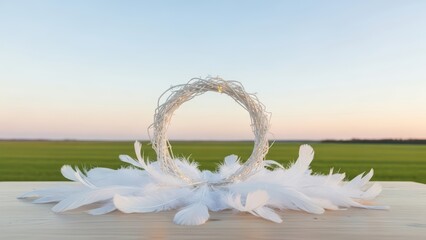 Peaceful countryside landscape with white feather wreath and gentle sunset scene