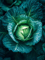Fototapeta premium Fresh green cabbage growing in the garden with textured leaves illuminated by natural light for healthy vegetable harvest and farming concept