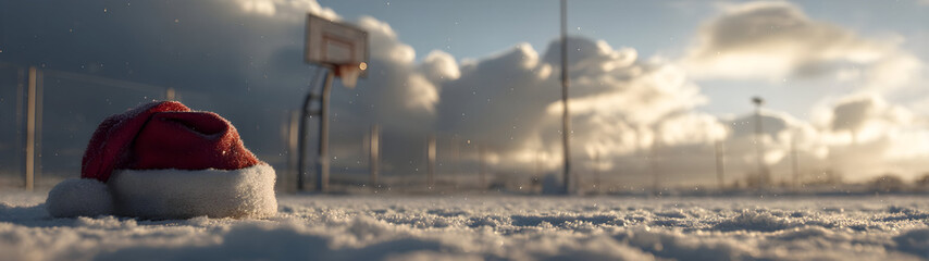 Santa hat on winter snowy basketball court, hoop and ball in background. Concept of Christmas celebration blending with resting summer sport field.