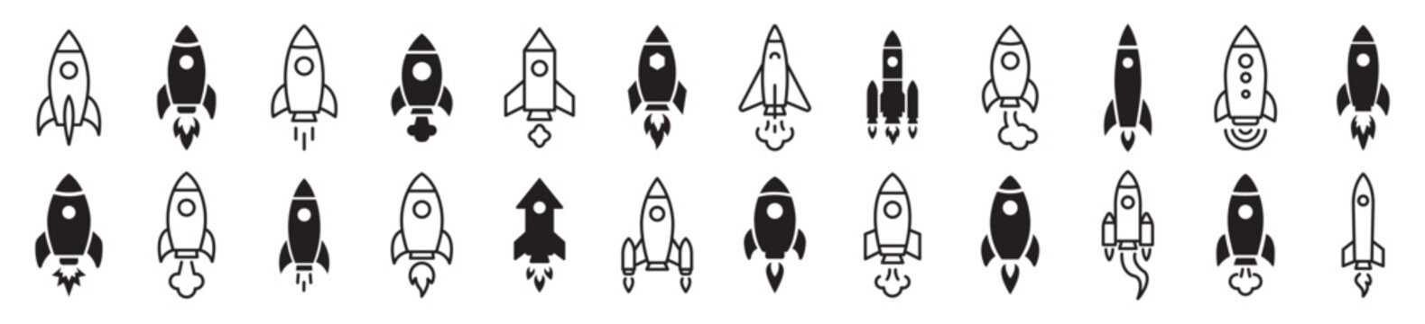 Rocket icons set. Space launch rocket symbols in line and solid styles. Startup growth, innovation and space exploration rocket collection for technology, business and science design &ndash; stock vector