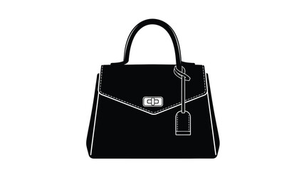 A simple black and white illustration of a stylish handbag with a top handle and tag
