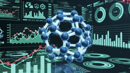 Rotating fullerene molecule with digital interface display showing data analysis and graph for scientific research - Powered by Adobe