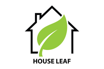 Eco friendly green house logo with leaf inside simple house outline on white background