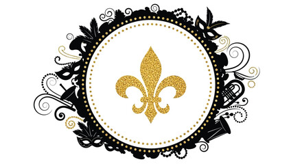Elegant golden fleur de lis within a decorative oval frame of black and gold © Md Shifat