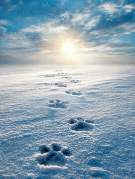 Paw prints leading through fresh snow on a sparkling winter morning with soft sunlight and a vibrant cloudy sky in the background