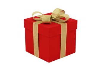 A red gift box with a gold ribbon tied around it isolated on transparent background