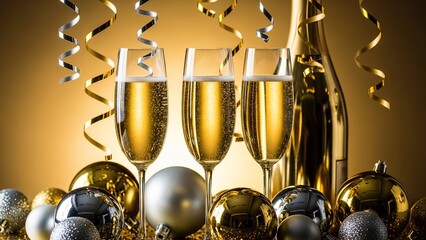 Champagne glasses, bottle and christmas ornaments with festive gold ribbons for new years eve celebration