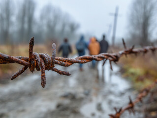 Obraz premium Rusty barbed wire fence in sharp focus with blurred figures walking along a muddy path through a desolate countryside on a foggy, overcast day