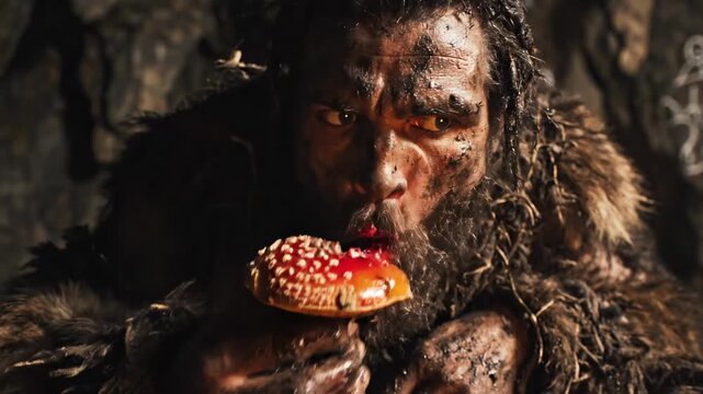 Caveman man eating red fly agaric mushroom, primitive hominid foraging. Historical human ancestry lifestyle.