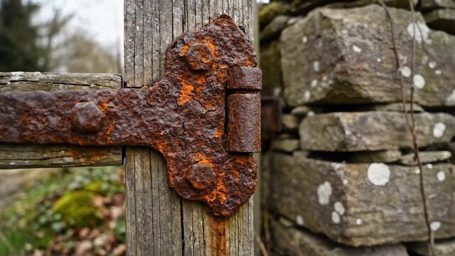 Close-up of rusty gate hinge on weathered wood and stone wall. Rustic rural setting with natural elements. Concept of architecture, design, heritage